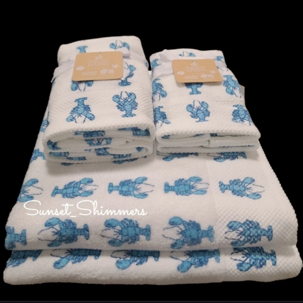 6pc Coastal Blue Lobster Bath Hand Tip/Washcloth Towel Set Deborah Connolly New - Picture 1 of 8